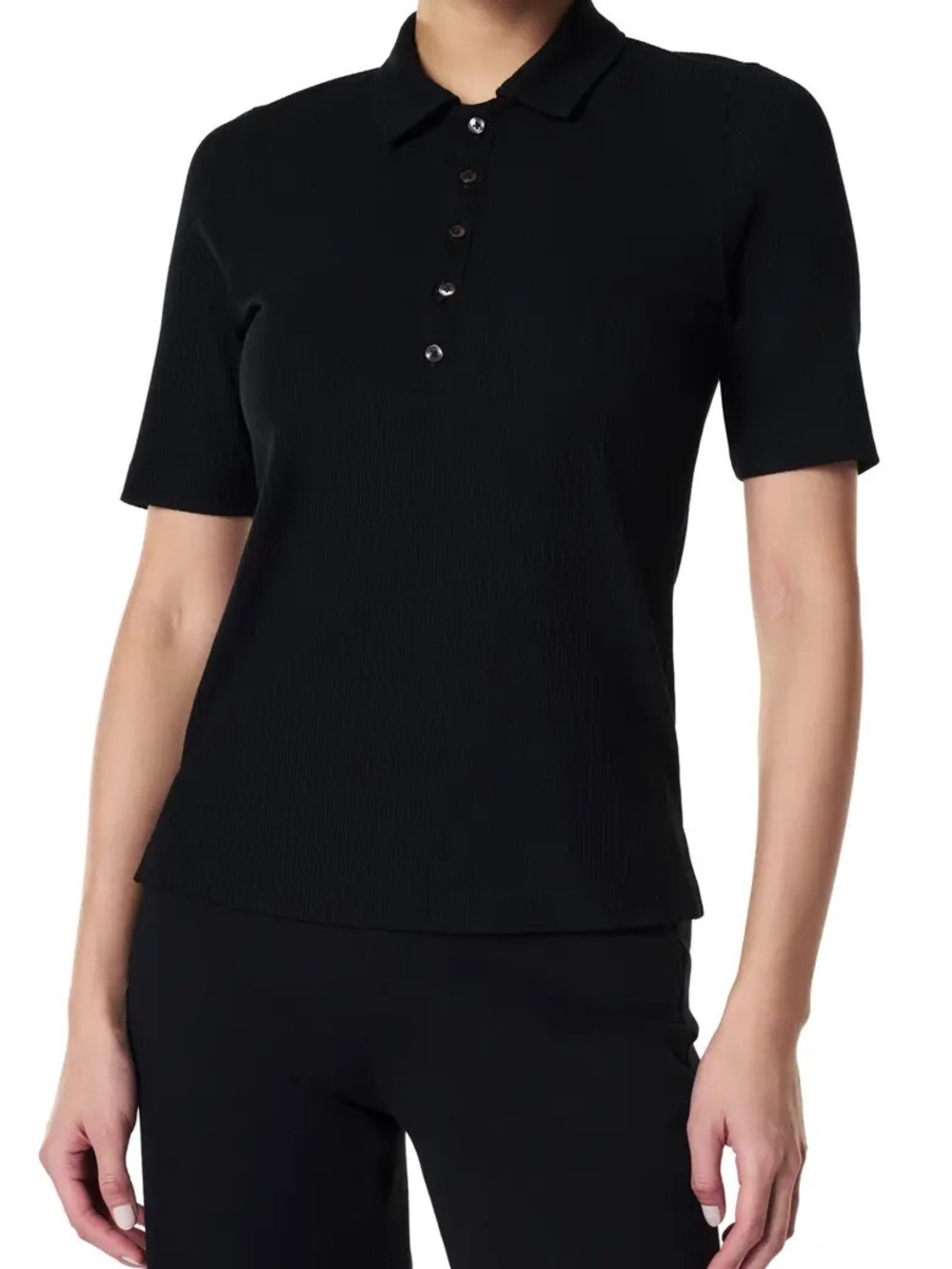 SPANX Black Ribbed Polo Button-Up Top Size 2X Stretch Knit Collared Shirt Preppy